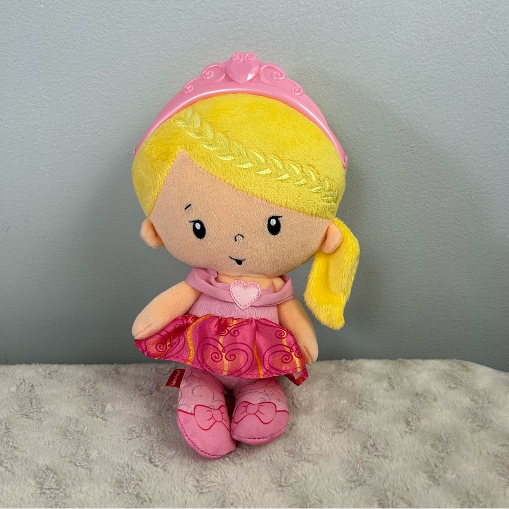 Fisher Price Pink Princess Doll Plush Stuffed Baby Toy Yellow Hair Chime Rattle
